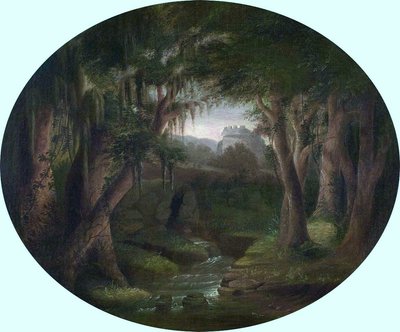 Paesaggio senza titolo con alberi muschiosi e rovine distanti da Charles Fraser